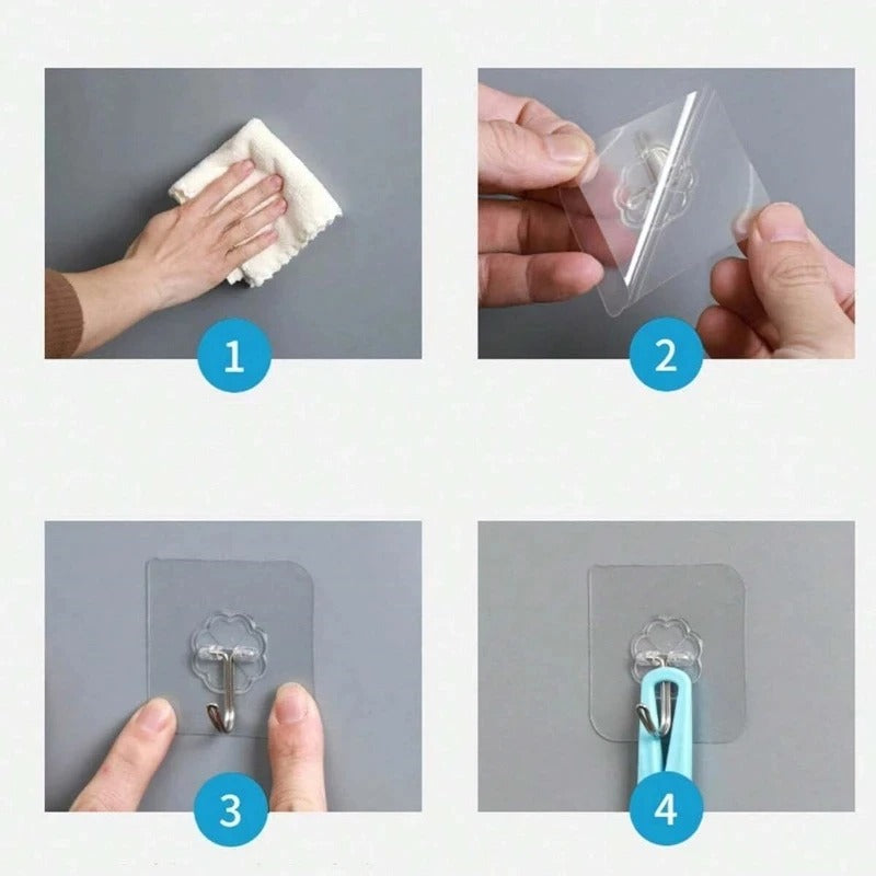 Pack of 10 Adhesive Single Hooks – Heavy Duty Transparent Wall Hooks