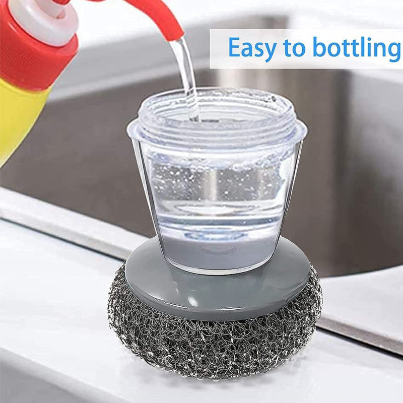 Steel Dish Scrubber Liquid Brush - 2 in 1 Dishwashing Brush with Soap Dispenser