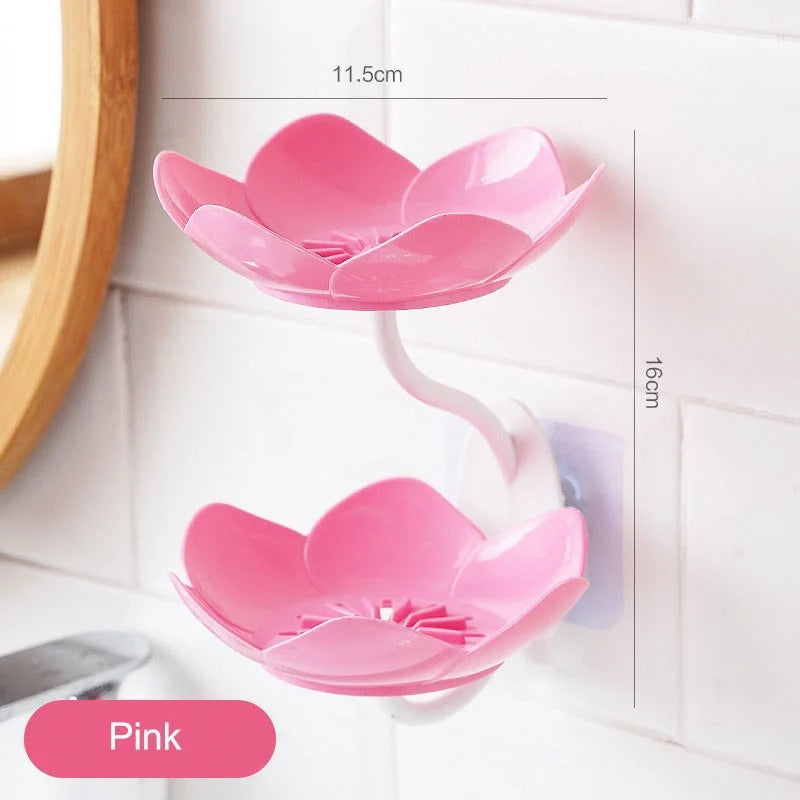 Flower Shape Double Layer Soap Holder – Wall Mounted Self-Adhesive Soap Dish with Drain Tray