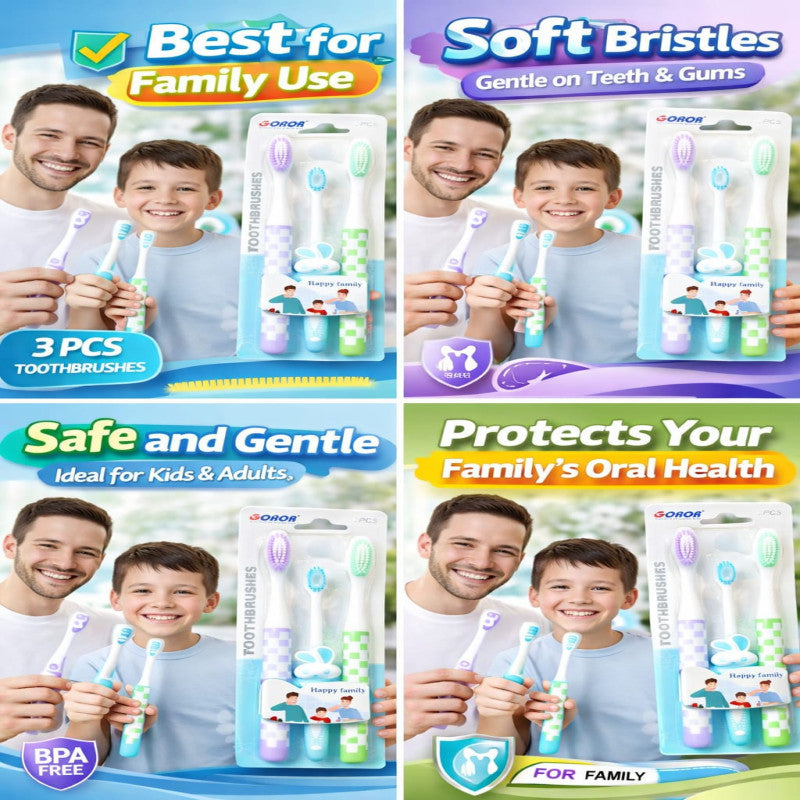 Healthy Smile Starts Here Soft Bristle Toothbrush Set (3 Pcs) - Gentle Cleaning, Safe for Kids & Adults