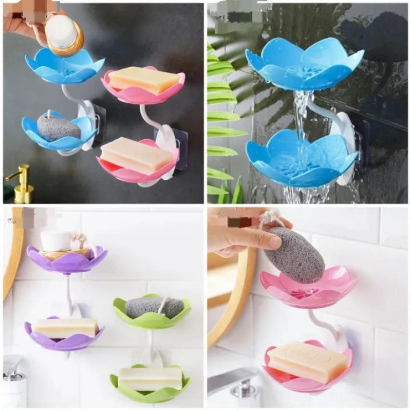 Flower Shape Double Layer Soap Holder – Wall Mounted Self-Adhesive Soap Dish with Drain Tray