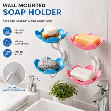 Flower Shape Double Layer Soap Holder – Wall Mounted Self-Adhesive Soap Dish with Drain Tray