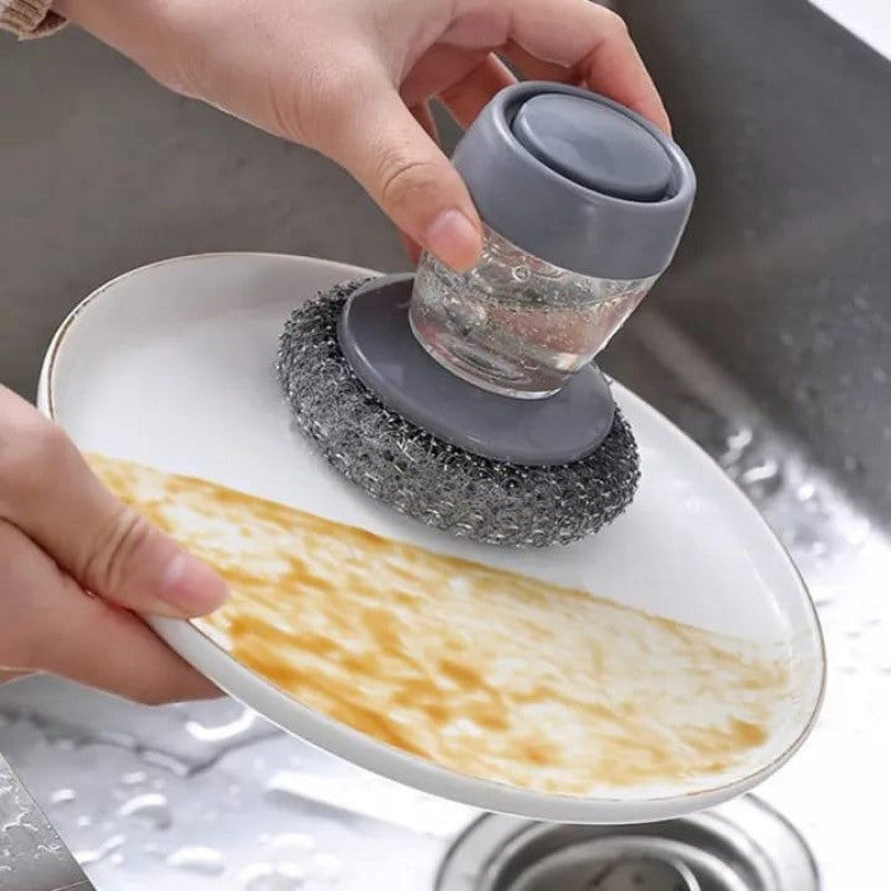 Steel Dish Scrubber Liquid Brush - 2 in 1 Dishwashing Brush with Soap Dispenser