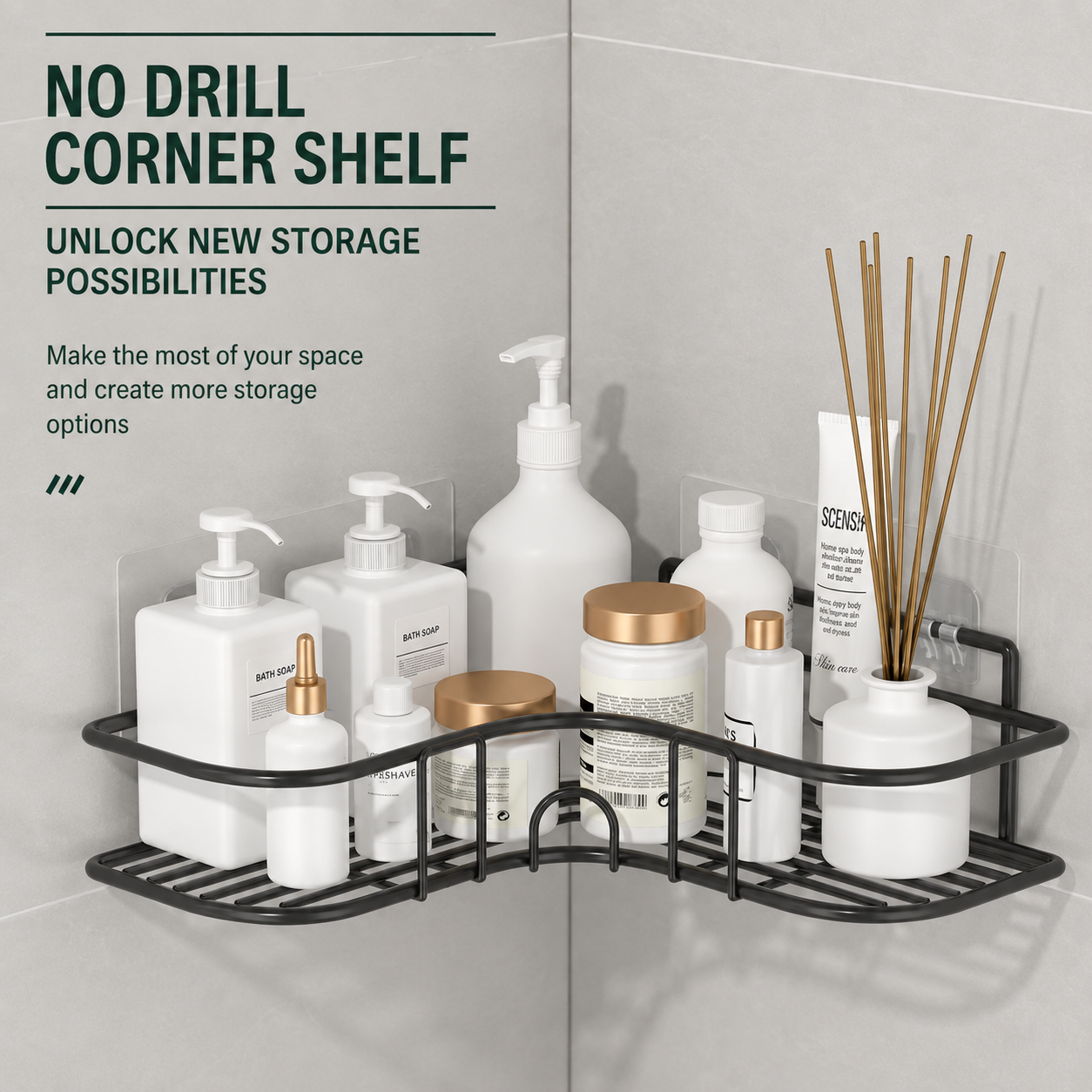 Kitchen, Bathroom Corner Storage Rack No-Drill Wall-Mounted Organizer
