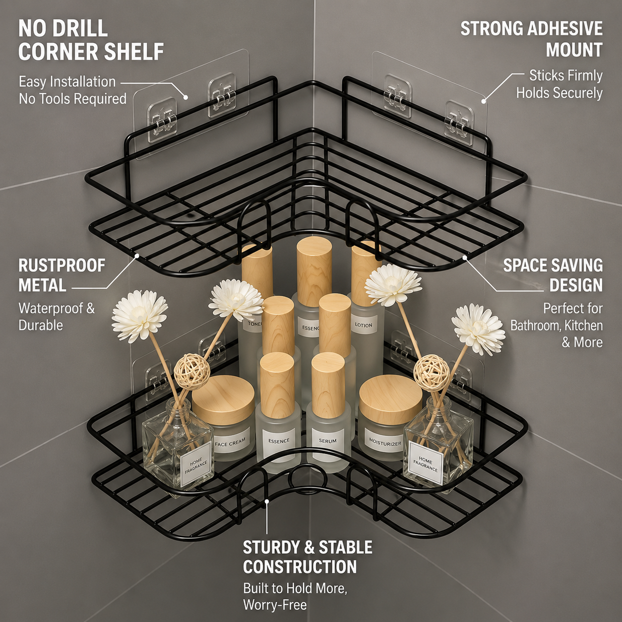 Kitchen, Bathroom Corner Storage Rack No-Drill Wall-Mounted Organizer