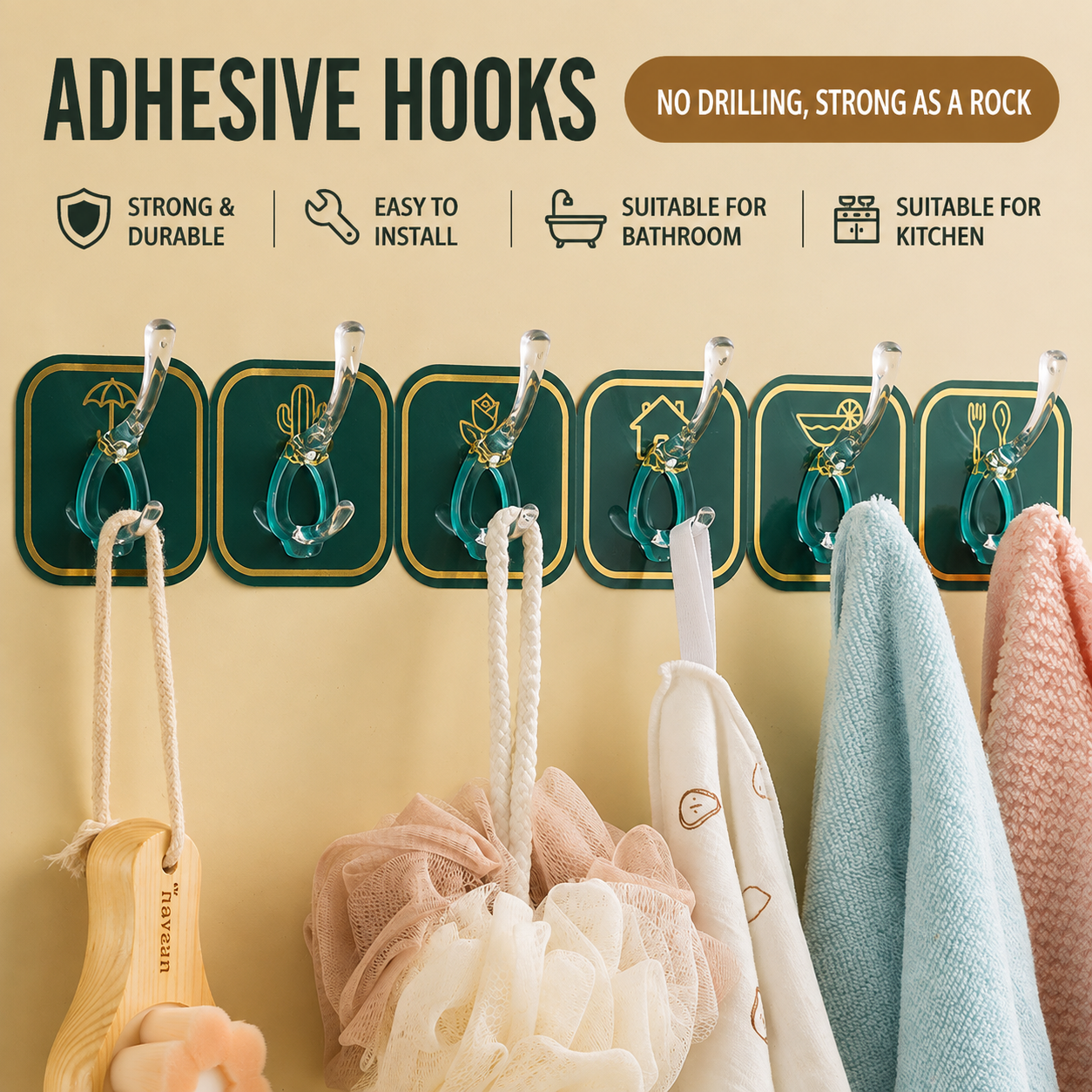 Punch-Free Hook Six-row Coat Hanging Hook Wall-mounted Hook for Kitchen and Bathroom