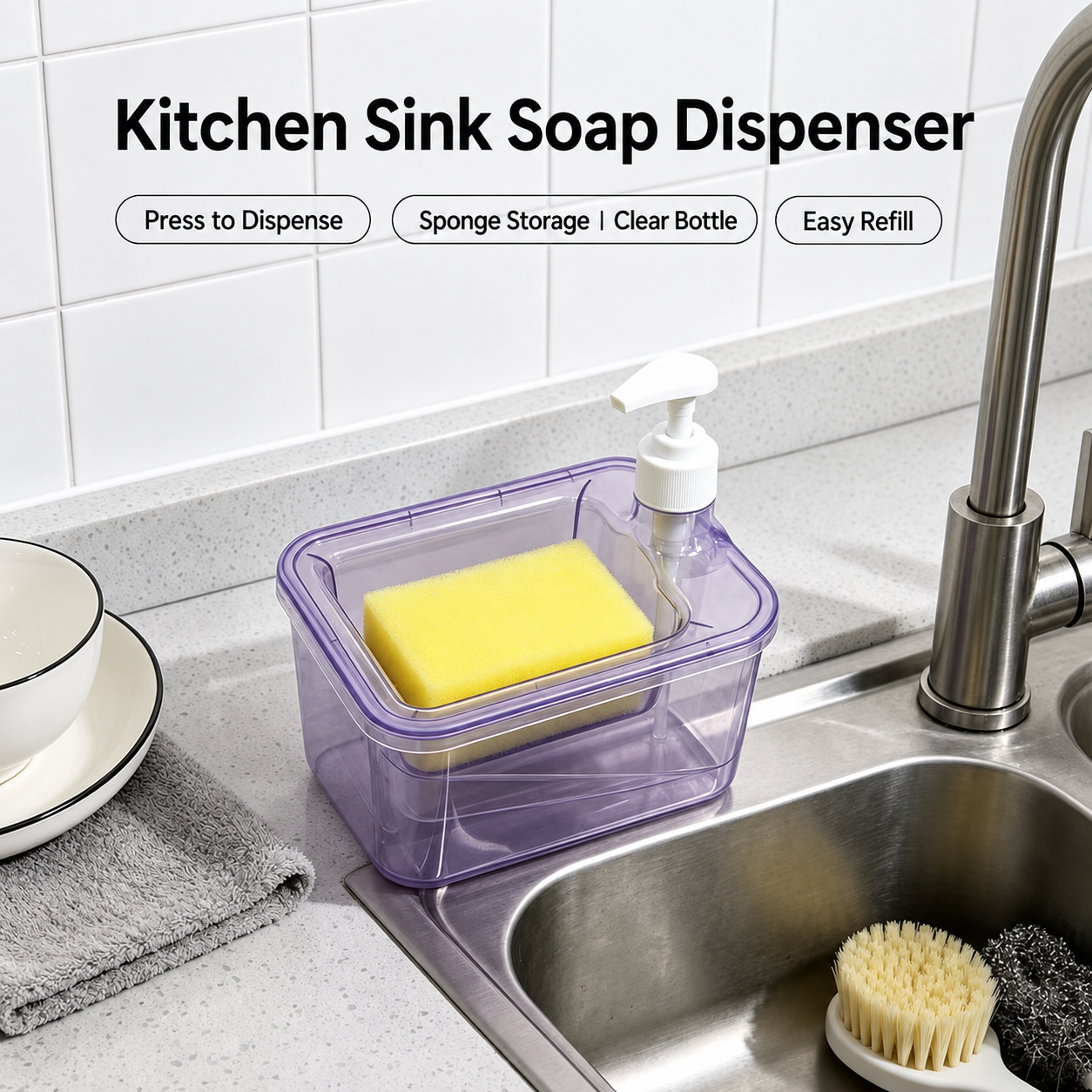 Square Shape Soap Pump Dispenser with Sponge Holder – Kitchen Soap Organizer