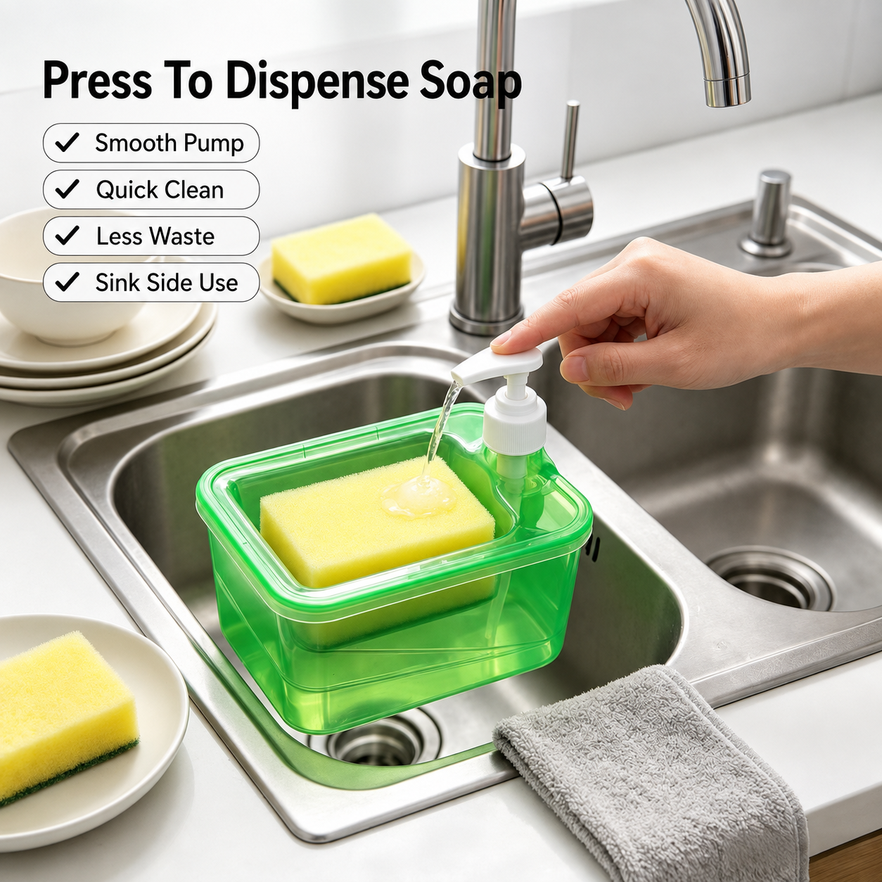 Square Shape Soap Pump Dispenser with Sponge Holder – Kitchen Soap Organizer