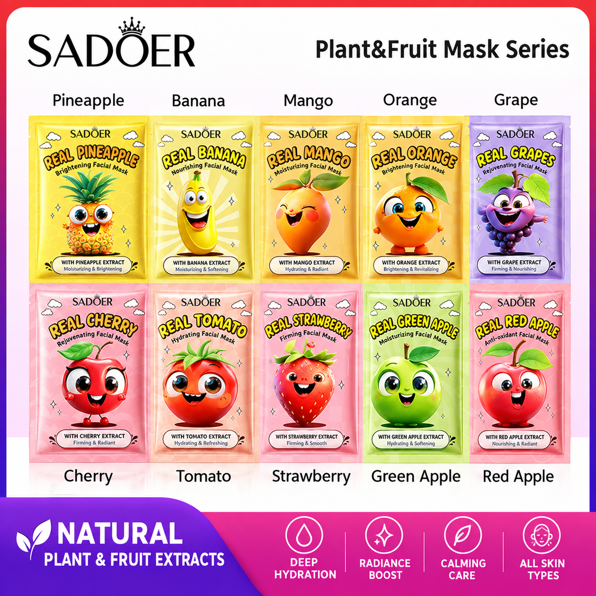 BIOAQUA/SADOER Fruit Plant Extract Moisturizing Glowing , Anti Ageng Deep Repair Hydrating, Radiance Boost, Calming, Skin Care Face Sheet Masks