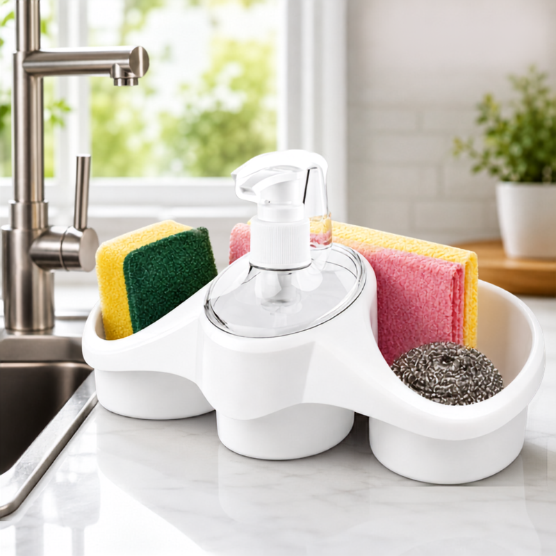 Soap Dispenser & Sponge Holder, 3-in-1, Kitchen & Washroom Organizer